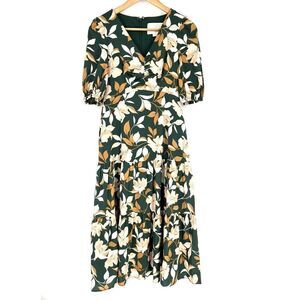 Gal Meets Glam Dress Size 0 Green Tiered Midi Tegan Floral Puff Sleeve Prairie
